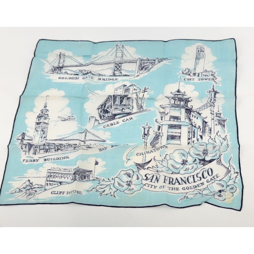 Vintage San Francisco Souvenir Teal Blue Handkerchief 13"x13"